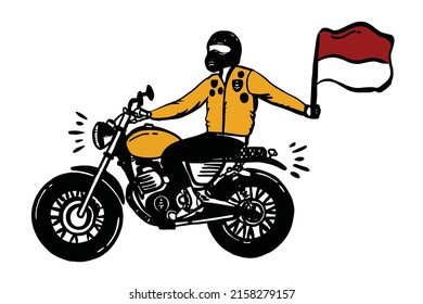 Man riding motorcycle custom cafe racer with indonesian flag