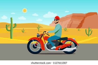 Man riding a motorcycle. Desert landscape with cactus. Vector flat style illustration