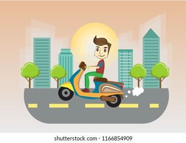 Man riding  motorcycle on the background of  city. 