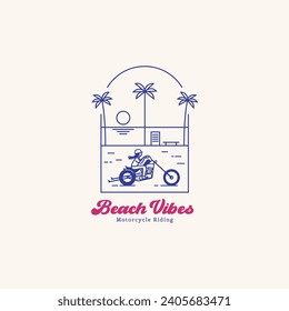 Man Riding motorcycle on the beach linear illustration. Riding along the coastal badge logo