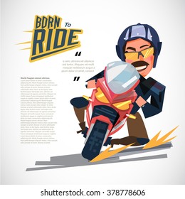 Man riding motorcycle in road curve. character design with typographic for header design - vector illustration