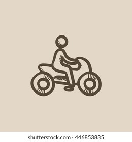 Man riding motorcycle vector sketch icon isolated on background. Hand drawn Man riding motorcycle icon. Man riding motorcycle sketch icon for infographic, website or app.