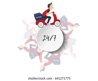 Man riding motorcycle and work on  restaurant with food delivery. Vector illustration eps10 graphic. -stock vector