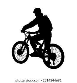 Man riding a mountain bike, black and white vector silhouette