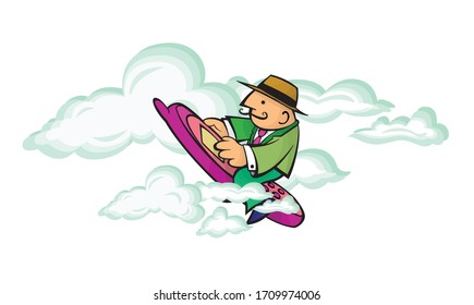 A man riding an old phone in the clouds.