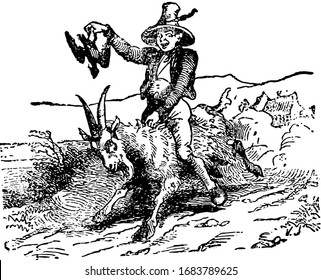 A man riding on back of goat, vintage line drawing or engraving illustration