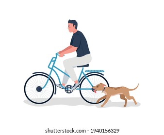 Man riding on bicycle with dog running flat color vector detailed character. Exercise and activity. Pet care, lifestyle isolated cartoon illustration for web graphic design and animation
