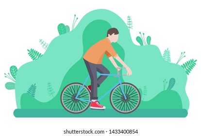 Man riding on bike isolated cartoon character. Vector young male cycling on bicycle among green leaves and bushes, happy person and active way of life