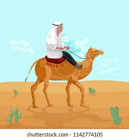 Man riding on a camel in Egypt desert Vector. Travel card cartoon character illustrations