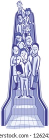 Man riding on a crowded escalator is absorbed in his phone.
