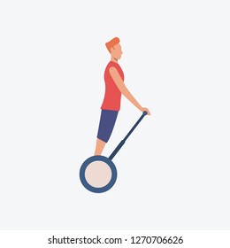Man riding on electric scooter. Guy, activity, hobby. Can be used for topics like transpiration, vehicle, tourism