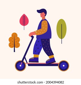 Man riding on an electric scooter.  Summer outdoor. Flat design characters riding electric scooter