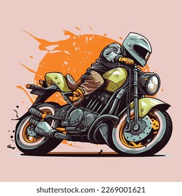 Un hombre montando en moto de modas sobre fondo de círculo abstracto, mejor uso para pegatinas