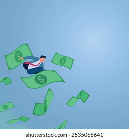 Um homem andando com notas de um dólar voador. Ilustração de gastos excessivos, grandes gastos, compras excessivas.