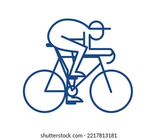Man riding on his bicycle, bike. Cyclist, sports cycling. Icon, symbol blue geometric lines vector illustration isolated on white background.