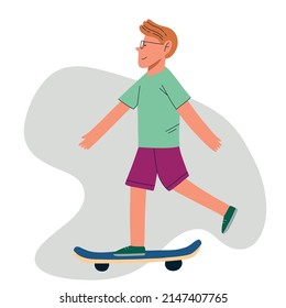 Man riding on his skateboard flat hand drawn illustration. Cartoon summer character. Summer activity, sport, fitness exercise, color drawing. Isolated design element.