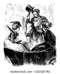 A man riding on horse and looking at two women sitting in carriage, vintage line drawing or engraving illustration