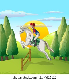 A man riding on a horse at natural scene illustration