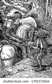 A man riding on horse talking to little old man standing near tree, vintage line drawing or engraving illustration