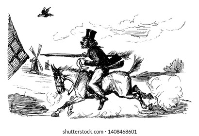 Un hombre montado en caballo, molino de viento en segundo plano, dibujo vintage de líneas o ilustración de grabado