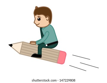 Man Riding on Pencil - Creative Office Character Vectors