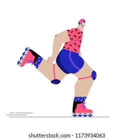 man riding on roller skates, wearing a helmet, knee pads. rollerblading. character design, vector illustration.