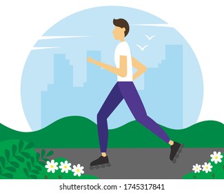 Man riding on roller skates in the Park. Vector illustration in flat style. 