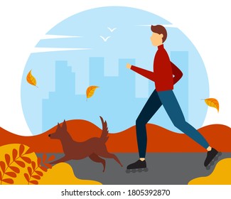Man riding on roller skates with the dog in the park. Autumn vector illustration in flat style.
