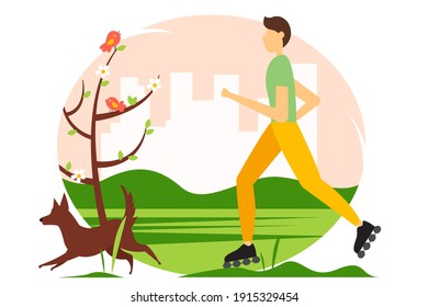 Man riding on roller skates with the dog in the park. Spring vector illustration in flat style.
