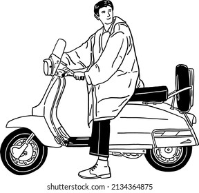 Man riding on scooter Hipster City People lifestyle Hand drawn line art Illustration