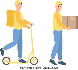 Man riding on scooter, walking. Vector illustration isolated set. Eco friendly transport concept. Delivery man shipping goods or food to costumers on scooter, delivery man carrying a package.