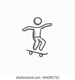 Man riding on skateboard vector sketch icon isolated on background. Hand drawn Man riding on skateboard icon. Man riding on skateboard sketch icon for infographic, website or app.
