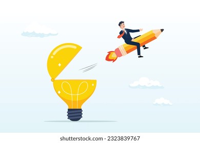 Hombre montando cohetes de lápiz para abrir bombilla de luz, creatividad para crear nuevas ideas, imaginación o invención, inspiración, educación o idea de genio, escribir contenido o impulsar el pensamiento creativo (Vector)