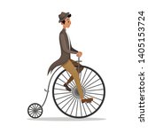 Man Riding Penny Farthing Retro Bicycle Isolated on White Background. Victorian Male Character in Vintage Clothing Hat and Frock Coat, Historical Cinema Actor, Movie, Film Cartoon Vector Illustration