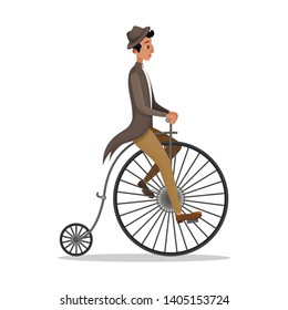 Man Riding Penny Farthing Retro Bicycle Isolated on White Background. Victorian Male Character in Vintage Clothing Hat and Frock Coat, Historical Cinema Actor, Movie, Film Cartoon Vector Illustration