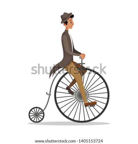 Man Riding Penny Farthing Retro Bicycle Isolated on White Background. Victorian Male Character in Vintage Clothing Hat and Frock Coat, Historical Cinema Actor, Movie, Film Cartoon Vector Illustration