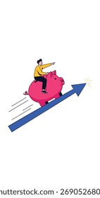 A man riding a piggy bank up an arrow representing financial growth.