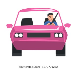 Man Riding Pink Car, Front View of Cheerful Male Driver Driving Vehicle Cartoon Vector Illustration