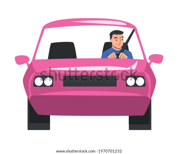 Man Riding Pink Car, Front\
View of Cheerful Male Driver Driving Vehicle Cartoon Vector\
Illustration