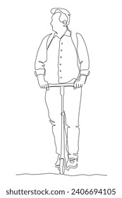 Man riding push scooter and looking right. Continuous line drawing. Black and white vector illustration in line art style.