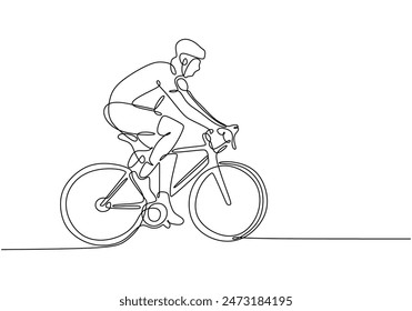 Man riding racing bike wear helmet continuous line drawing. Fitness and sport concept. Vector illustration minimalist design hand drawn.