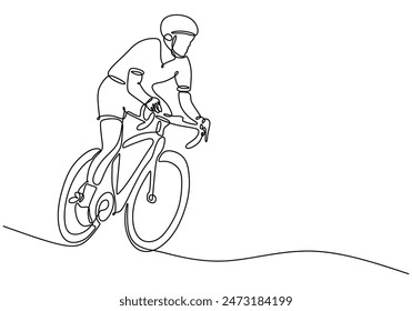 Man riding racing bike wear helmet continuous line drawing. Fitness and sport concept. Vector illustration minimalist design hand drawn.