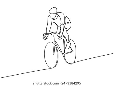 Hombre montando bicicleta de carreras desgaste casco dibujo de línea continua. Concepto de fitness y deporte. Ilustración vectorial diseño minimalista dibujado a mano.