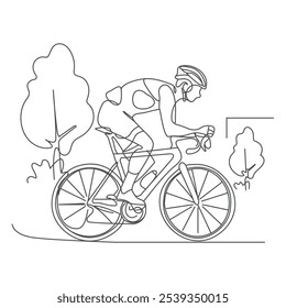 Man riding racing bike wear helmet, continuous line drawing. Fitness and sport concept.