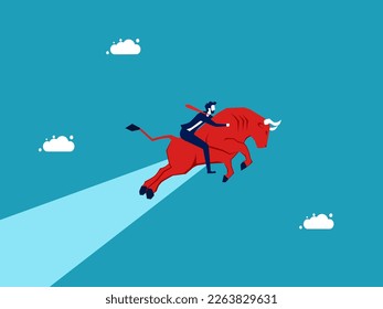 man riding a red bull soaring in the sky. Stocks up in a bull market. investment concept vector 