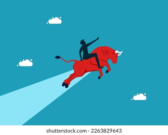 man riding a red bull soaring in the sky. Stocks up in a bull market. investment concept vector