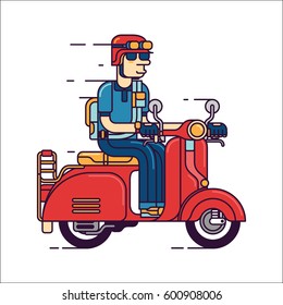 Man riding red scooter motorcycle vector line illustration