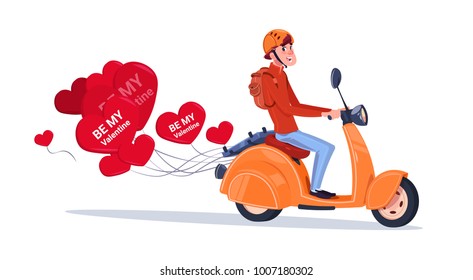 Man Riding Retro Motor Bike With Heart Shaped Air Balloons Happy Valentines Day Concept Flat Vector Illustration