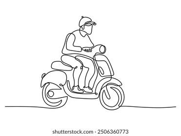 Hombre montando un scooter retro, dibujo de línea continua, diseño de Vector de transporte urbano.