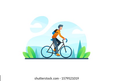 A Man Riding A Road Bike. Bicycle Vector. Bike To Work Illustration. Cyclist Background. Eco Green Transportation Banner.